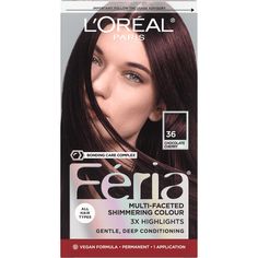 L'Oreal Paris Feria Permanent Hair Color, 36 Deep Burgundy Brown, what you see is the shimmer. Multi-Faceted shimmering color with 3X highlights delivers intensified, brilliant results. Inspired by fashion, Feria offers a twist on the traditional and gives edgy hair color - from bright red, platinum blonde, rose gold, metallic brown, to blue black hair color, these hair dye kits will transform your hair. Feria's prismatic color spectrum is custom-blended by L'Oreal Paris master colorists for bol Loreal Hair Dye, Loreal Paris Feria, Feria Hair Color, Deep Black Hair, Blue Black Hair Color, Silver Hair Dye, Edgy Hair Color, Loreal Hair Color, Cherry Hair Colors