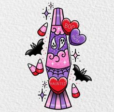 a drawing of a rocket with hearts and bats around it