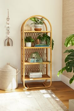 a bamboo shelf with plants and books on it in the corner of a living room