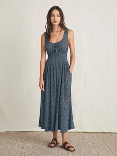 Sunseeker Midi Dress - Navy Riverton Ditsy | Faherty Brand Ruched Midi Dress With Fitted Waist, Sundress Midi Dress With Smocked Back For Date Night, Chic Midi Dress With Gathered Waist, Chic Ruched Midi Dress With Flowy Skirt, Chic Midi Dress With Ruched Flowy Skirt, Fitted Midi Dress With Elastic Waistband For Daywear, Fitted Midi Dress With Elastic Waistband, Sundress With Pleated Waist Midi Length, Dress Down Midi Dress With Smocked Back