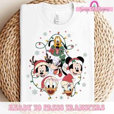 mickey mouse and friends christmas shirt with text reading ready to press transferers