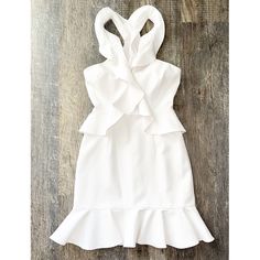 Milly Cecile Dress. White. Ruffled. High Neckline. Racerback. Front Cutout. Measurements: 16.5" Bust, 13" Waist, 36" Length Material: 68% Polyester, 22% Polyamide, 10% Elastane Condition: Brand New With Tags. Some Faint Spray Tan Spots From Store. Spring, Summer, Vacation, Beach, Cruise, Casual, Formal, Cocktail, Bride, Bridal Shower, Rehearsal Dinner, Bachelorette, Sorority Rush, Birthday, Going Out. Spring Wedding Mini Dress With Ruffled Straps, White Fitted Mini Dress With Ruffled Straps, White Mini Dress With Ruffled Straps For Wedding, White Mini Dress With Ruffled Straps For Date Night, White Fitted Flirty Ruffle Dress, Fitted White Mini Dress With Ruffles, White Ruffle Dress For Spring Wedding, Flirty Fitted White Ruffle Dress, White Feminine Ruffle Dress For Evening