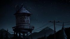 an old water tower in the middle of night with stars above it and power lines to the side