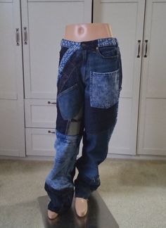 "I absolutely love these Upcyced denim patchwork jeans. They are made from three pair of new jeans with obvious color/wash difference. Item is a one of a kind piece; therefore, it cannot be dupulicated. Custom orders are welcomed  at twice the listed price. The measurements are as follows:  waist= 35- 1/2\" hip=48\" inseam= 34\" outseam=45\" For any additional questions/concerns, please feel free to ask as item is nonrefundable/non exchangeable." Denim Patchwork Jeans, Wrap Mini Skirt, Patchwork Jeans, Womens Pants, Upcycled Denim, Boyfriend Style, Denim Patchwork, Dec 12, Jeans Boyfriend