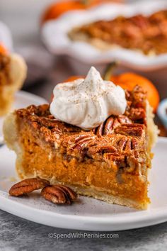 a slice of pecan pie on a plate with whipped cream and pecans in the background