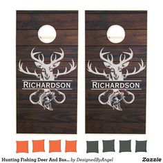 two cornhole game boards with the name and image of a deer on one side