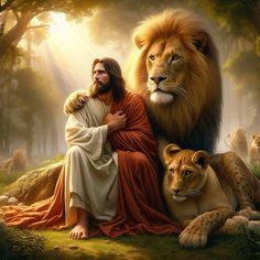 jesus sitting on the ground with two lions