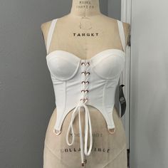 Some Stains See Pictures And Video White Bandage Corset For Party, Chic White Bandage Corset, White Corset With Tank Straps, Elegant White Crop Top With Adjustable Straps, Chic White Corset With Straps, White Underwire Corset For Parties, White Underwire Party Corset, White Tank Strap Crop Top For Parties, White Sleeveless Corset With Adjustable Straps