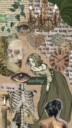 a collage of various images including a skeleton and a woman with a clock on her face