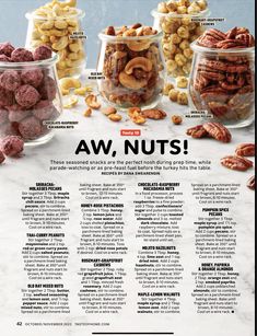 an advertisement with nuts in glass containers and the words'aw nuts'on it