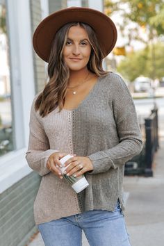 Stay cozy and on-trend with this expertly crafted sweater! This Olive Color Block V Neck Sweater is crafted with 100% Acrylic material, ensuring a soft and comfortable fit. The stylish color block pattern adds a touch of sophistication, making it a versatile piece for any wardrobe. Style it with jeans, shorts, or comfy leggings for everyday wear! Cozy Fall Sweater With Contrast Color, Beige Color Block Sweater For Layering, Taupe Knit Sweater For Layering, Gray Color Block Sweater For Layering, Gray Long Sleeve Color Block Sweater, V-neck Knit Sweater With Color Block, Knit V-neck Sweater With Color Block Design, Knit V-neck Sweater With Color Block, Color Block Sweater For Fall Layering