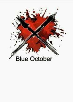 the blue october logo with two crossed swords on it's left and red ink splat