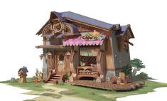 a wooden toy house with an awning on the front and side of it's roof