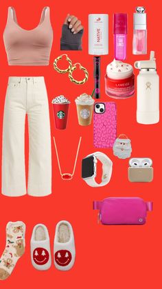 the contents of a woman's purse are arranged on a red background, including shoes and accessories