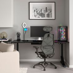 a home office with a computer desk and chair