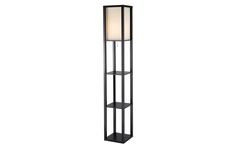 a tall black metal floor lamp with a white light on the top and bottom shelf