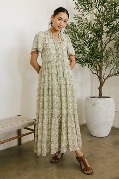 Maxi floral dress in sage Lds Outfits, Sister Missionary Outfits, Sunday Church Outfits, Three Tiered Skirt, Sister Missionary, Sunday Church, Maxi Skirt Dress, Tie Blouse, Lace Maxi