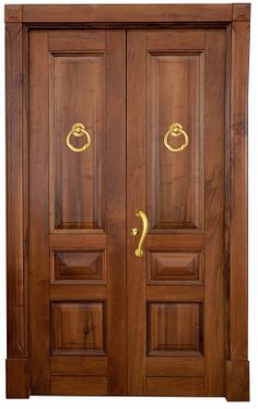 two wooden doors with brass handles on each side