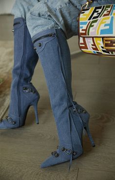 Tyrah Boots – Atlanta Shoe Studio Denim Knee High Boots, Boots Shoe, Francescas Dresses, Shoe Model, Miss Lola, Shoes Heels Classy, Denim Boots, Heels Classy, Stiletto Boots