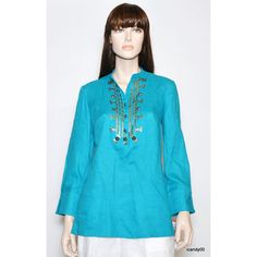 Anne Klein New York Urban Exotic Tunic Size Xs * Color: Turquoise * 1/2 Front Button Closure * 3/4 Sleeves * Decorated * 100% Linen * Length From Collar To Bottom - 29" * Width From Armpit To Armpit - 19.5" * Sleeves - 23" * Dry Clean; Imported * Brand New With Tag * Mfsrp: $250.00 Elegant Fitted Turquoise Tops, Spring Fitted Turquoise Blouse, Fitted Turquoise Blouse For Spring, Chic Turquoise Blouse For Spring, Turquoise Long Sleeve Blouse, Long Sleeve Turquoise Blouse For Spring, Long Sleeve Turquoise Tops For Vacation, Turquoise Long Sleeve Tops For Vacation, Pleated Sleeves Blouse