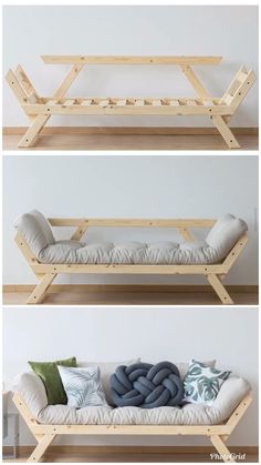 three different types of furniture made out of wood and canvass, each with pillows on them