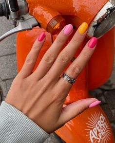 Multi Colored Pedicure, Three Color Manicure, Multicolor Solid Nails, Multiple Color Nails Summer, 3 Different Color Nails, Summer Multicolor Nails, Nail Color Scheme Ideas, Solid Multi Color Nails, Nail Inspo Different Colors