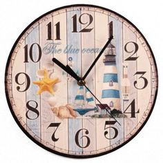 a clock that is on the side of a wall with words and pictures around it