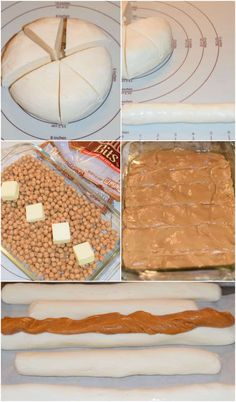 four pictures showing different stages of making bread with peanut butter and pretzel toppings