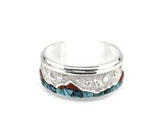 Ben Nighthorse-Mountains With Rock Art Bracelet by Ben Nighthorse-Sorrel Sky Gallery-Jewelry Artisan Turquoise Engraved Bracelets, Artisan Turquoise Engraved Bracelet, Western Style Bangle As Gift, Western Style Bangle Jewelry As Gift, Western Style Bangle Jewelry Gift, Western Style Blue Cuff Bracelet Gift, Adjustable Turquoise Bracelet With Inlay, Adjustable Turquoise Inlay Bracelets, Western Style Engraved Bracelets For Gifts