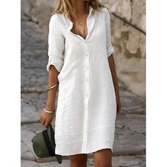 Season:Summer,Spring; Fabric:Polyester; Sleeve Length:3/4 Length Sleeve; Look After Me:Machine wash; Gender:Women's; Style:Basic,Modern; Elasticity:Inelastic; Occasion:Daily,Weekend; Fit Type:Loose Fit; Dresses Type:Shirt Dress,White Cotton Dress; Pattern:Plain; Design:Buttons; Neckline:Shirt Collar; Front page:FF; Listing Date:03/22/2024; Production mode:External procurement; 2024 Trends:2023; Bust:; Length:; Sleeve:; Fit US Size:null; Fit UK Size:null; Fit EU Size:null; Dress Length Type:Mini Non-stretch Summer Shirt Dress, Casual Half-sleeve Shirt Dress For Beach, Casual Half Sleeve Shirt Dress For Beach, Knee-length Shift Shirt Dress For Beach, Beach Knee-length Shift Shirt Dress, Summer Collared Shift Shirt Dress, Casual Half Sleeve Shirt Dress, Summer Button-up Shirt Dress With Rolled Sleeves, Summer Shirt Dress With Rolled Sleeves And Button-up Shape