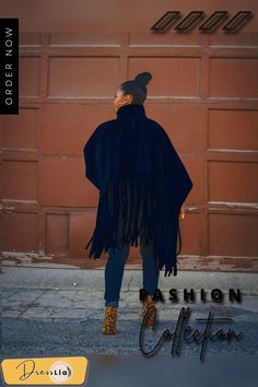 Suede Tassel Shawl Cape Loose Pullover Top Fringe Long Sleeve Poncho For Fall, Fringed Long Sleeve Poncho For Fall, Long Sleeve Fringe Poncho For Fall, Oversized Fringe Cape Poncho, Winter Fringe Cape Outerwear, Winter Fringe Shawl Outerwear, Winter Cape With Tassels, Fall Fringe Cape Outerwear, Fringe Cape Outerwear For Fall