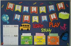 a bulletin board with school supplies on it