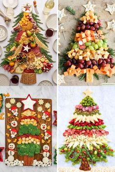 four different christmas trees made out of cookies and fruit are shown in this collage