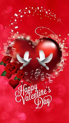 two white doves with hearts and roses on a red background for valentine's day