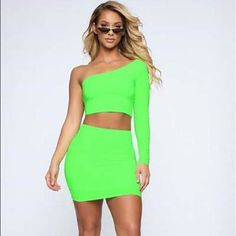 Nwot Fashion Nova Bodycon Neon Green Crop Top. Size Xs. Super Cute. Skirt Has Been Sold Stretch Green Mini Skirt For Night Out, Green Stretch Mini Skirt For Night Out, Green Mini Skirt For Summer Clubbing, Fitted Green Mini Skirt For Night Out, Green Summer Skirt For Club, Green Mini Dress For Party, Summer Club Mini Bodycon Skirt, Summer Club Bodycon Mini Skirt, Green Fitted Skirt For Club