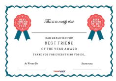 the best friend award certificate is in red and blue