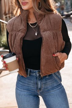 Fit Details: Jessica is 5’3, 32DD, size 3, and wearing a size small. *Fit is true to size. Note from the team: Rachel is 5’7, 155 lbs, 34B, size 7 in denim and wearing a size medium. Stylish Corduroy Puffer Sleeveless Vest Cropped Zip-up Vest Open front and two side pockets Approx. total length: 20 3/8" Material: 90% Polyester, 10% Nylon Care: Machine Wash Cold, Do Not Tumble Dry, Do Not Dry Clean Affordable Cropped Trendy Denim Vest, Cord Puffer Vest, Trendy Cropped Denim Vest With Button Closure, Suede Sherpa Vest Outfit, Cropped Sherpa Vest, Short Dresses Party, Cropped Zip Up, Kimono Cardigan, Sleeveless Vest