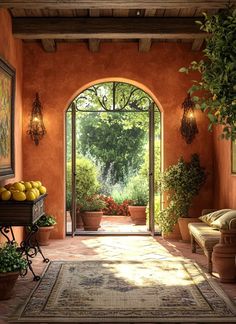 an entry way with potted plants and lemons