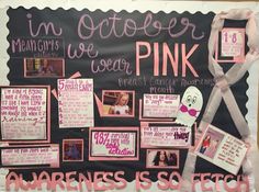 a bulletin board with pink writing on it and pictures attached to the back of it