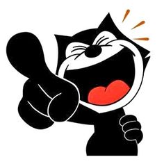 a black and white cartoon cat pointing at something with its mouth wide open while giving the thumbs up sign