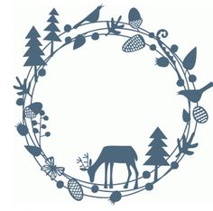 an image of a deer in a circle with trees and birds around it on a white background