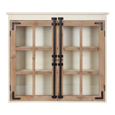 a wooden bookcase with glass doors and black metal handles on the front, against a white background