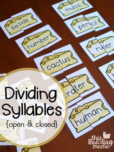 divide and subtract word cards with the words dividing sylabbs on them