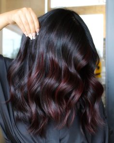 Mahogany And Black Hair, Dark Maroon Hair Highlights, Maroon Hair Highlights For Black Hair, Money Piece Balayage Burgundy, Wine Hair Streaks, Dark Red Hair Color Burgundy Wine Highlights, Maroon Lowlights Brunettes, Partial Red Balayage, Wine Colored Hair Balayage