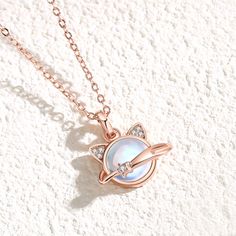 Planet Cat Female Summer Niche Moonstone Necklaces Moonstone Round Pendant Necklace With Clavicle Chain, Moonstone Round Clavicle Chain Necklace, Moonstone Clavicle Chain Round Necklace, Moonstone Clavicle Chain Necklace, Round Moonstone Clavicle Chain Necklace, Round Necklace With Cat Design For Gift, Moonstone Pendant Necklace, Animal Necklace, Silver Gift Box