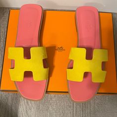 Brand New, Comes With Box & Dustbag Designer Yellow Sandals For Beach, Designer Yellow Sandals For The Beach, Designer Yellow Leather Sandals, Luxury Yellow Leather Sandals, Hermes Boots, Hermes Oran Sandals, Buckle Booties, Block Sandals, Ballerina Shoes Flats