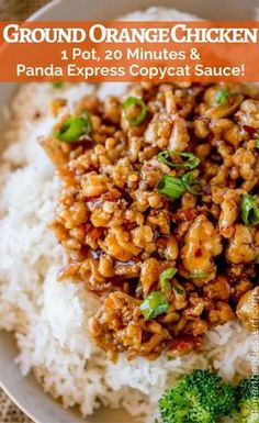 a white plate topped with rice covered in orange chicken and broccoli on top of it