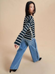 Long Sleeve Breton Tee – La Ligne Navy Top With Contrast Stripes For Fall, Navy Long Sleeve Tops With Contrast Stripes, Fall Long Sleeve Tops With Vertical Stripes, Classic Fall Tops With Contrast Stripes, Everyday Striped Long Sleeve Sweater, Striped Long Sleeve Sweater For Everyday, Everyday Long Sleeve Tops With Contrast Stripes, Breton Style, Long Sleeve Tee