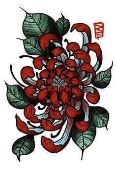 a drawing of a red flower with green leaves