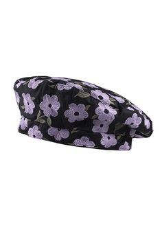 floral embroidery beret hat, cute hats, summer accessories, cottagecore aesthetic style Spring Visor Beret With Adjustable Fit, Spring Beret One Size Fits Most, Cottagecore Accessories Hats, Cottagecore Beanie, Spring Adjustable Flat Cap Beret, Beret Embroidery, Embroidery Beret, Spring Black Beret Cap, Black Spring Beret Cap